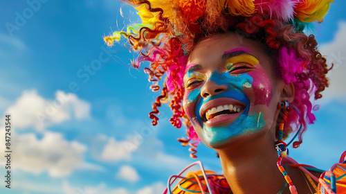 a woman with bright hair and colorful makeup smiling at the camera with a blue sky in the background and clouds in the background