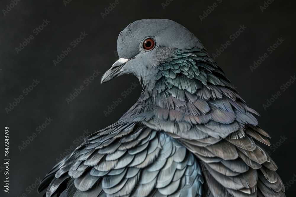 Gray pigeon with iridescent feathers turning its head on a dark background Gray pigeon with iridescent feathers turning its head on a dark background