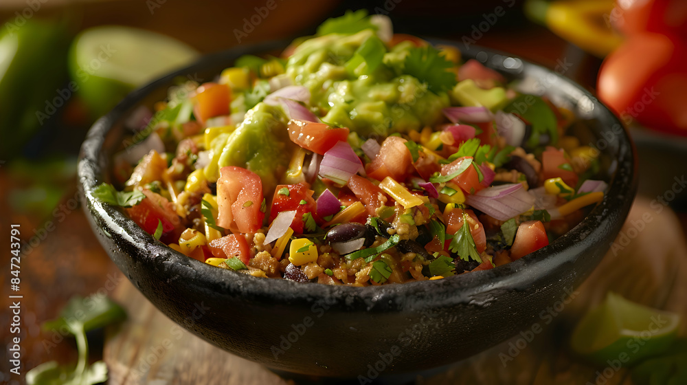 A bowl of freshly made fast food guacamole with vibrant ingredients and rich flavors A bowl of freshly made fast food guacamole with vibrant ingredients and rich flavors