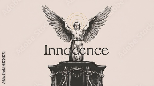 A stylized depiction of an angelic figure. The figure is positioned atop a podium or lectern. The angel has two large wings extending fromits back and a halo above its head. The word 'INNOCENCE' photo