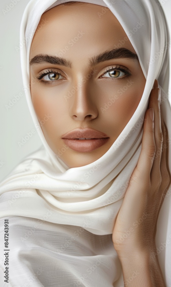 A portrait of a woman with striking eyes wearing a white headscarf A portrait of a woman with striking eyes wearing a white headscarf