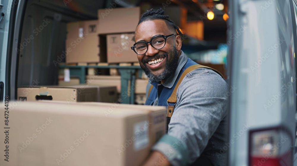 Cheerful courier in glasses delivers packages, looking at camera Cheerful courier in glasses delivers packages, looking at camera