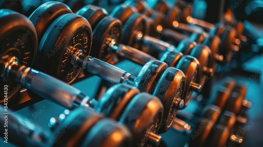Close-up of gym weights neatly stacked on a rack
