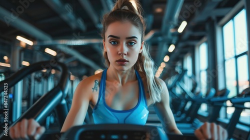 Girls on exercise bikes at the gym. © ปฏิภาน ผดุงรัตน์