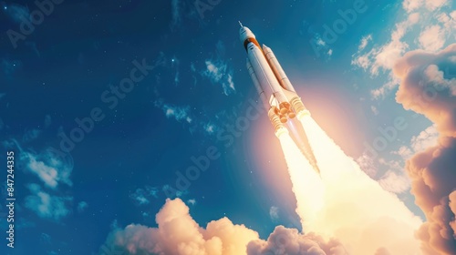 A rocket launching into a clear blue sky with smoke and flames