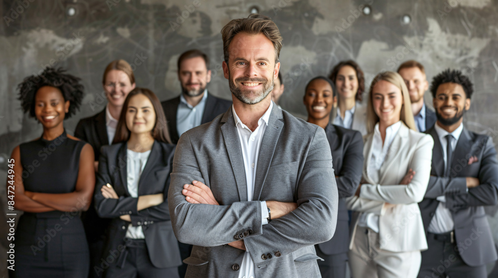 Professional man smiling with arms crossed, surrounded by a diverse corporate team Professional man smiling with arms crossed, surrounded by a diverse corporate team