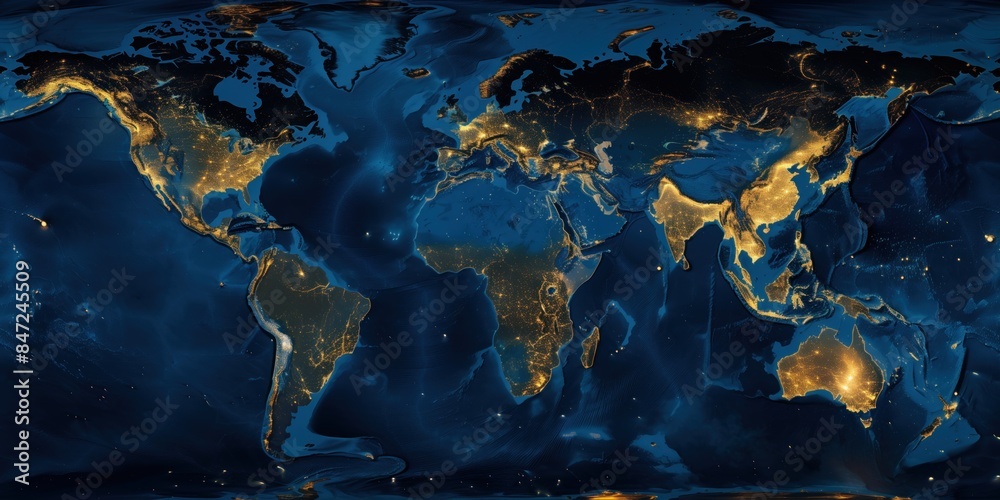World map showing illuminated urban areas at night. Digital rendering in dark blue and yellow color scheme. Global urbanization and population distribution concept. World map showing illuminated urban areas at night. Digital rendering in dark blue and yellow color scheme. Global urbanization and population distribution concept.