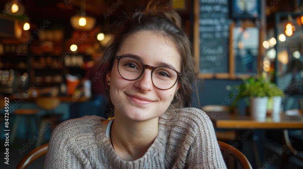 Portrait of a young woman with glasses and a warm smile, sitting in a cozy coffee shop Portrait of a young woman with glasses and a warm smile, sitting in a cozy coffee shop