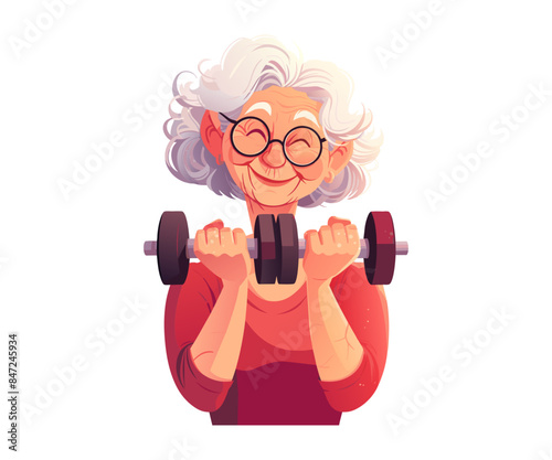 Senior old woman exercising and lifting dumbbells. Active training, sports, maintaining healthy lifestyle. An elderly person moves towards longevity and well-being. Vector cartoon illustration
