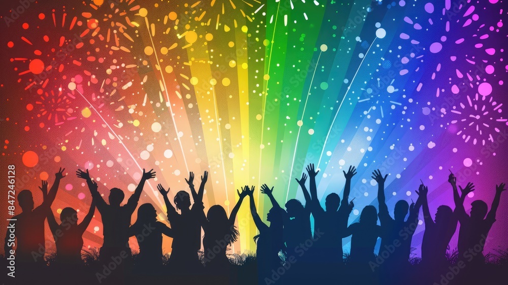 Pride Month poster with silhouettes of people and rainbow fireworks in the background Pride Month poster with silhouettes of people and rainbow fireworks in the background