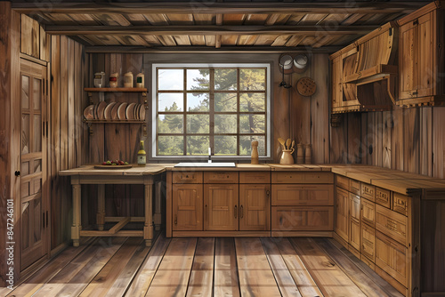  Wooden home kitchen interior with dinner table  © Beauty
