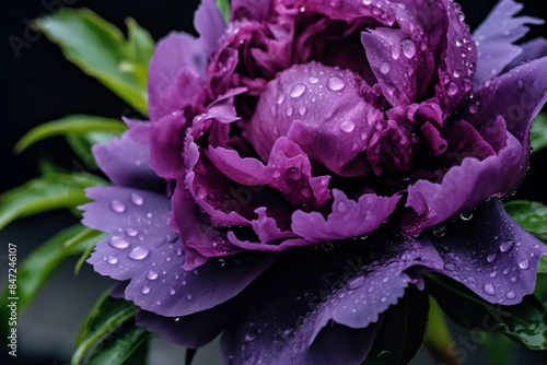 Purple peony flower with dew drops close up