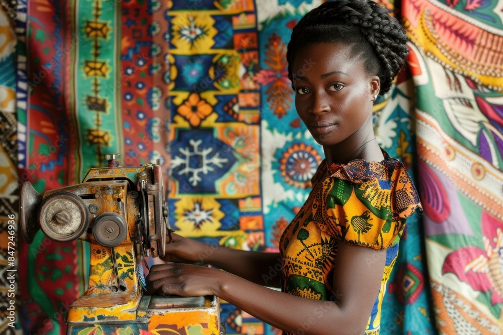 Obraz premium Young seamstress is using an old fashioned sewing machine in a workshop full of colorful african fabrics