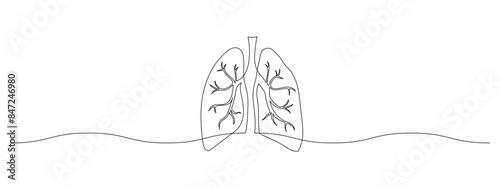 Human Lungs in one continuous line drawing. Internal organ in simple linear style. Awareness concept about asthma disease and tuberculosis in editable stroke. Monoline vector illustration