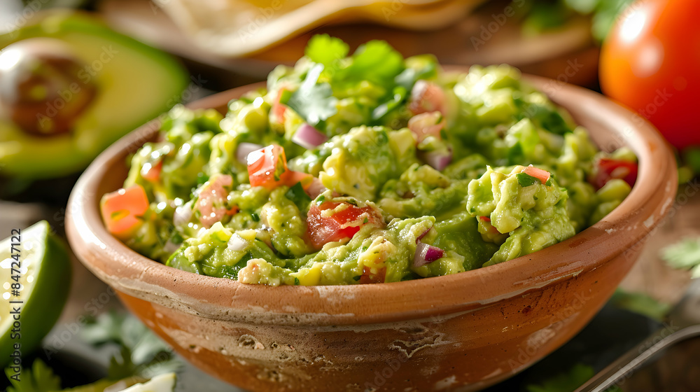 A bowl of freshly made fast food guacamole with vibrant ingredients and rich flavors A bowl of freshly made fast food guacamole with vibrant ingredients and rich flavors