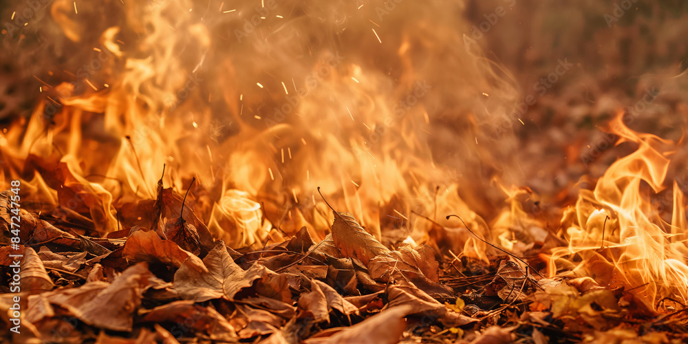 Forest floor burning with flames and dry leaves. Environmental disaster concept. Banner with space for text. Image for fire safety campaigns, and ecological studies. Banner with copy space. Forest floor burning with flames and dry leaves. Environmental disaster concept. Banner with space for text. Image for fire safety campaigns, and ecological studies. Banner with copy space.