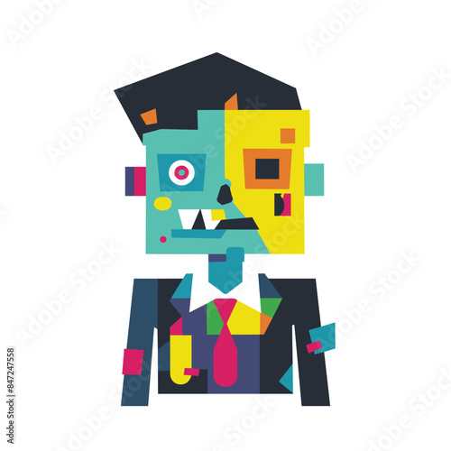 Abstract geometric character colorful suit vibrant artistic expression. Cubisminspired person formal attire polygon facial features isolated white background. Multicolored abstract male figure