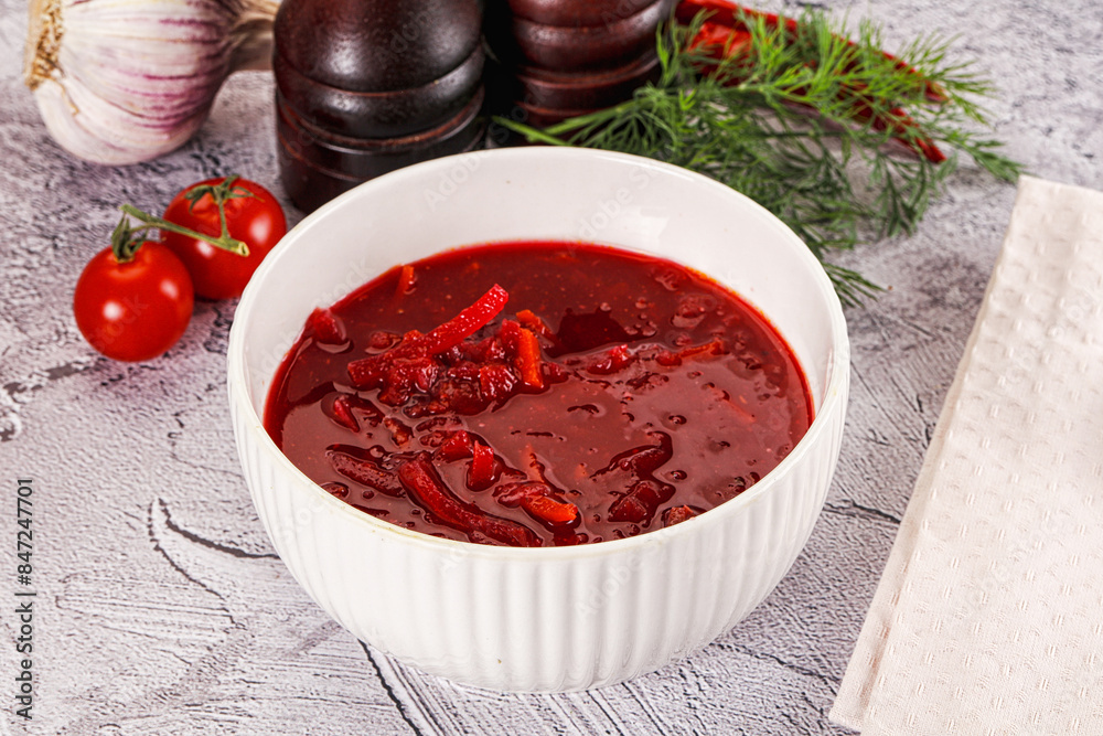 Homemade red soup Borsch with cabbage