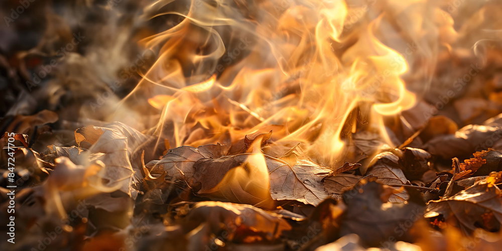 Forest floor burning with flames and dry leaves. Environmental disaster concept. Banner with space for text. Image for fire safety campaigns, and ecological studies. Banner with copy space. Forest floor burning with flames and dry leaves. Environmental disaster concept. Banner with space for text. Image for fire safety campaigns, and ecological studies. Banner with copy space.