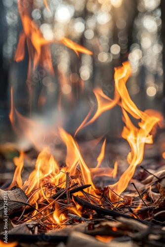 Forest floor burning with flames and dry leaves. Environmental disaster concept. Banner with space for text. Image for fire safety campaigns, and ecological studies. Banner with copy space.