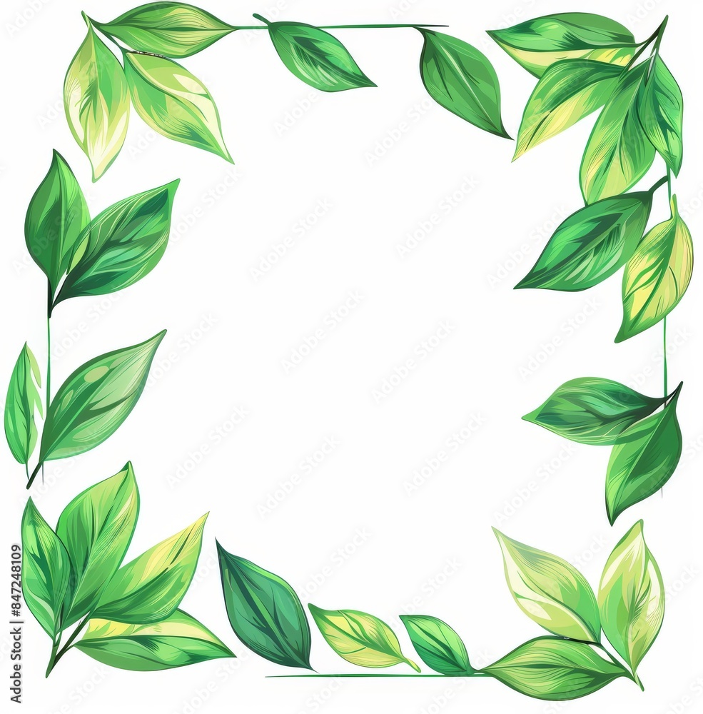 Handdrawn cartoon frame with green leaves and golden geometric shapes Handdrawn cartoon frame with green leaves and golden geometric shapes