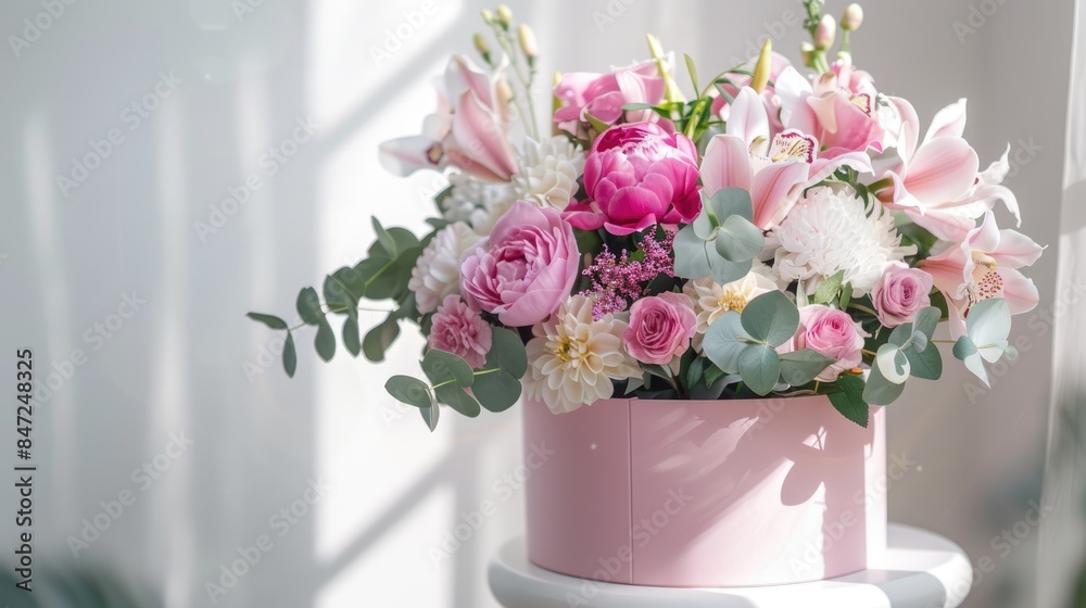 a pink and white flower arrangement in a round pink box, set on a small stool against a sunlit white background, epitomizing beautiful modern home decor. a pink and white flower arrangement in a round pink box, set on a small stool against a sunlit white background, epitomizing beautiful modern home decor.