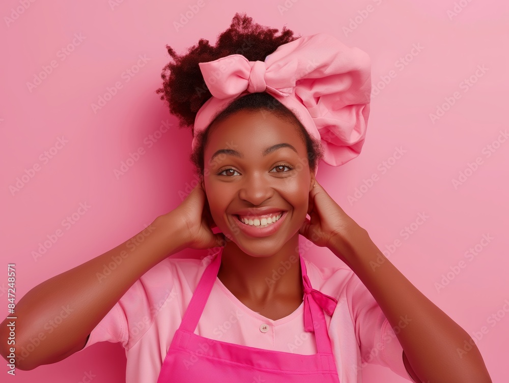Smiling woman with pink headband and apron posing against pink background Smiling woman with pink headband and apron posing against pink background