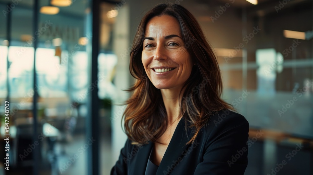 Happy confident business woman leader looking away standing in office. Smiling professional businesswoman manager executive, female worker feeling cheerful thinking of financial success. Happy confident business woman leader looking away standing in office. Smiling professional businesswoman manager executive, female worker feeling cheerful thinking of financial success.