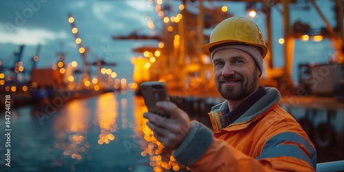 Man in safety gear taking a selfie at an industrial port during evening photo