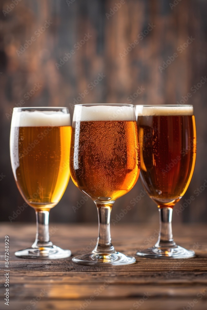 Three glasses of different craft beers on a wooden table with a rustic background. Ideal for brewery, pub, and beverage promotions.