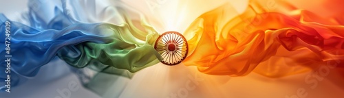 Vibrant Indian flag colors flowing around the Ashoka Chakra emblem symbolizing unity, pride, and heritage in a stunning abstract form.