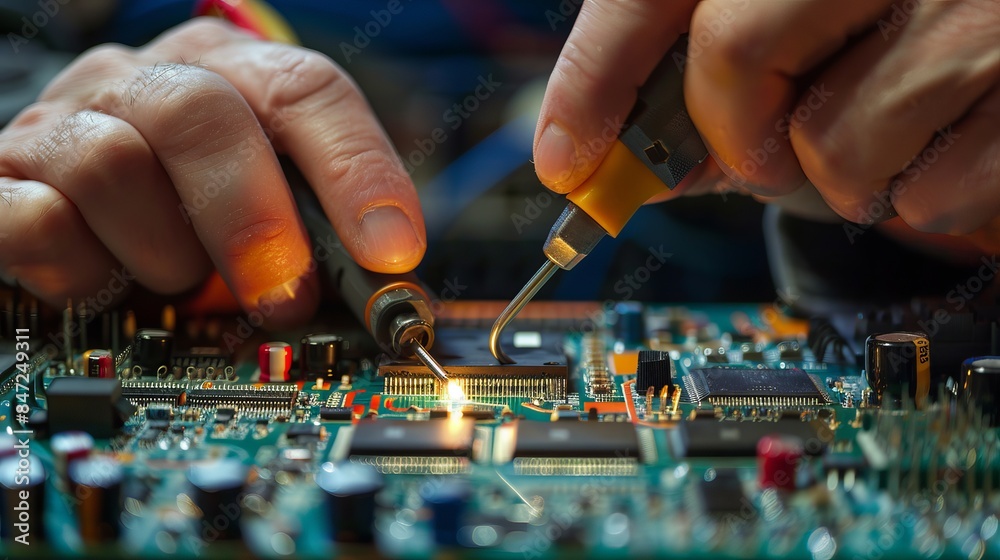 A technician uses a tool to check the electrical current on a TV circuit board. This is part of a service after the sale to fix electrical equipment within the insurance coverage. A technician uses a tool to check the electrical current on a TV circuit board. This is part of a service after the sale to fix electrical equipment within the insurance coverage.