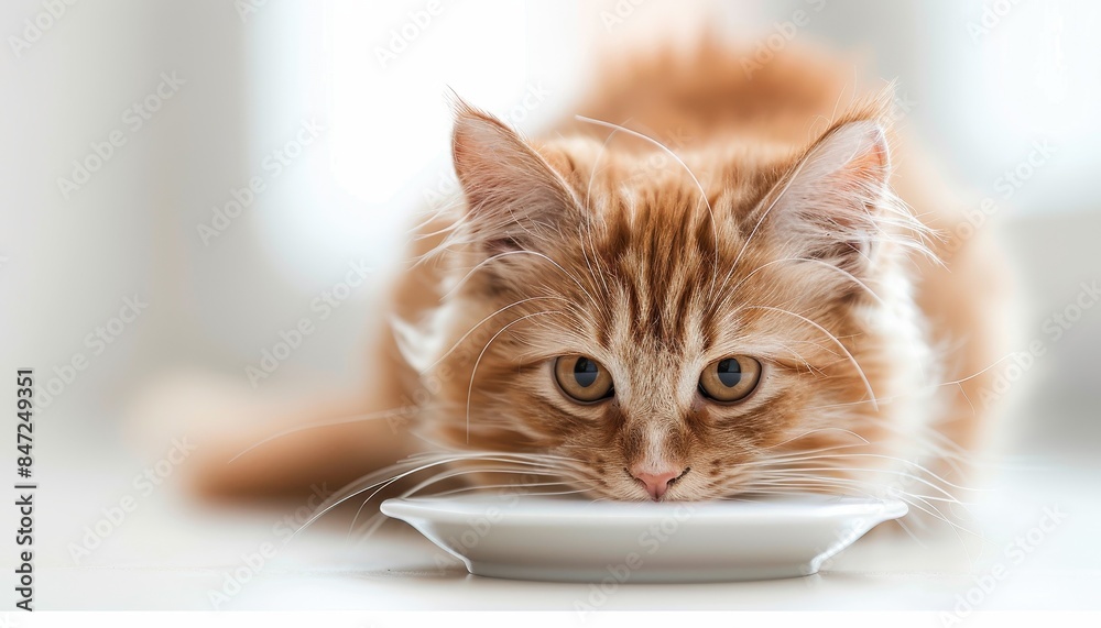 © Naret - A fluffy orange tabby cat drinking milk from a saucer in a bright, white room. The cat's eyes are wide and focused, creating a cute and serene scene.