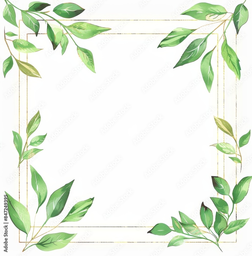 Handdrawn cartoon frame with green leaves and golden geometric shapes Handdrawn cartoon frame with green leaves and golden geometric shapes