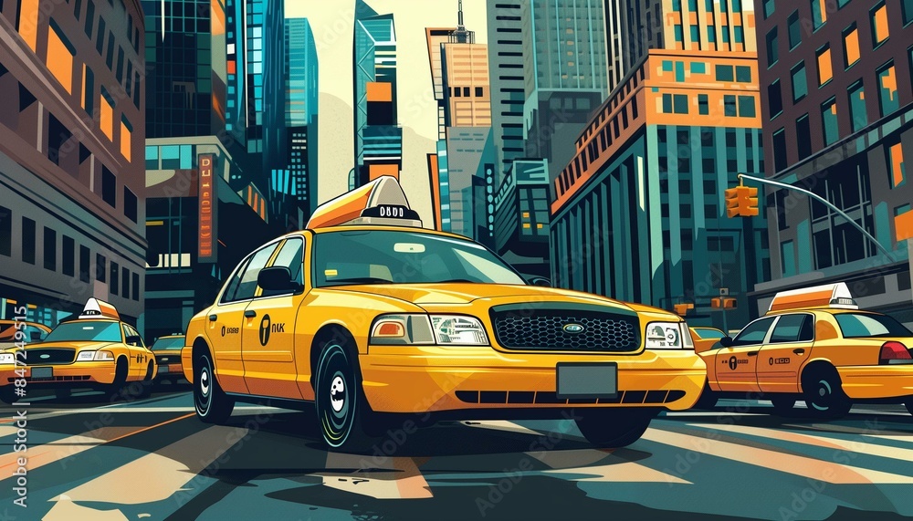 Fototapeta premium Urban Cityscape Featuring Yellow Taxi Cabs in Downtown