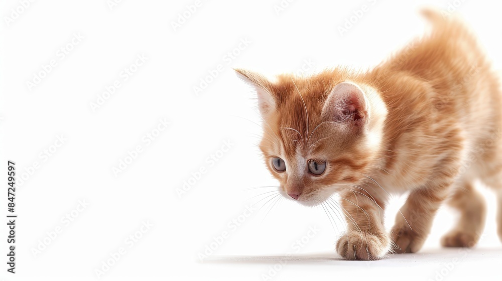 Fototapeta premium Adorable ginger kitten walking on a white background, showcasing curiosity and playfulness, perfect for pet-related themes and marketing.