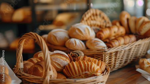 A basket filled with assorted fresh pastries and bread in a bakery, showcasing a delicious variety of baked goods.