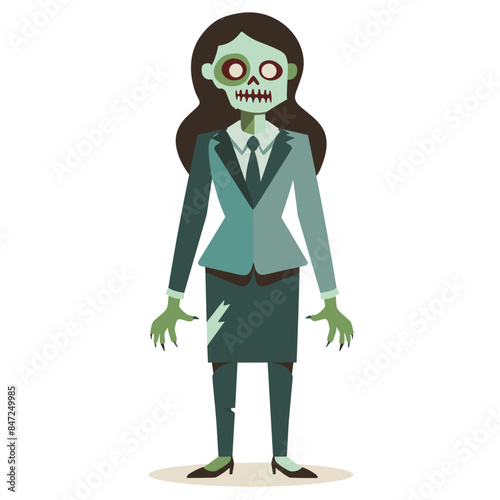 Zombie businesswoman wearing tattered suit standing eerie expression, her skin green holloweyed, isolated white background. Depicts undead corporate worker, horror Halloween costume, reanimated