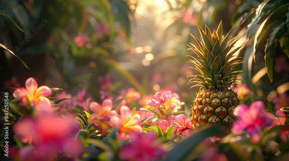 Sunlit Pineapple Surrounded by Vibrant Flowers in a Lush Garden Sunlit Pineapple Surrounded by Vibrant Flowers in a Lush Garden