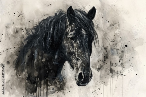 Artistic black and white watercolor painting of a beautiful black horse with a white blaze on a textured background
