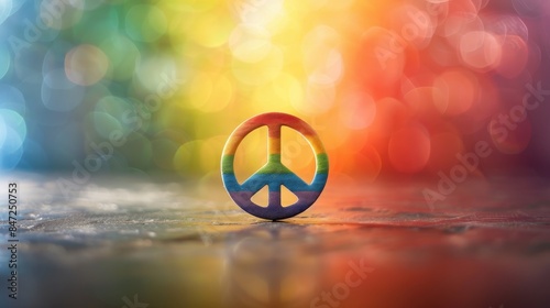 Colorful peace sign button on blurred rainbow background symbolizing harmony, unity, and equality with a soft bokeh effect. photo