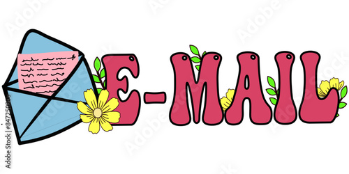 E-mail parola scritta con fiori gerbere - busta per lettere- posta- Grafica vettoriale per sito internet, slide, blog, banner