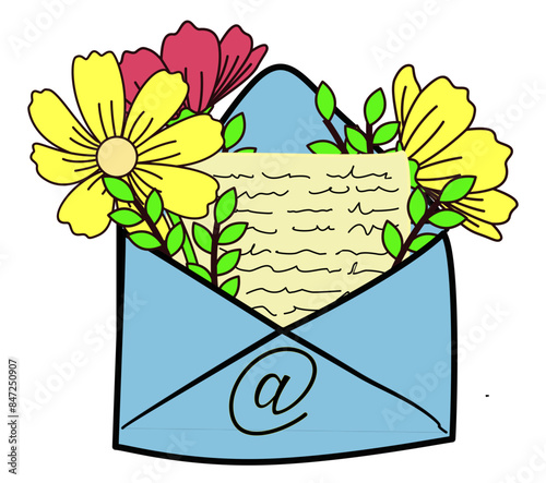 E-mail parola scritta con fiori gerbere - busta per lettere- posta- Grafica vettoriale per sito internet, slide, blog, banner