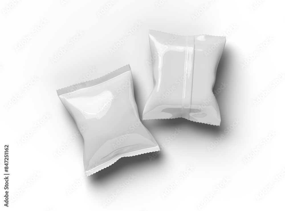 3D render of a glossy generic, sealed snack packaging bag with crimped edges on a transparent background 3D render of a glossy generic, sealed snack packaging bag with crimped edges on a transparent background