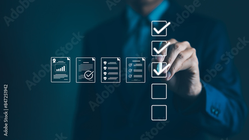 Quality Assurance and Document Control with Checklist Icons. Businessman mark off items on digital checklist, representing quality assurance and document control processes, verification and compliance