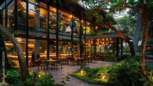Modern cafe building with large glass windows, evening lights, surrounded by lush greenery. © ปฏิภาน ผดุงรัตน์