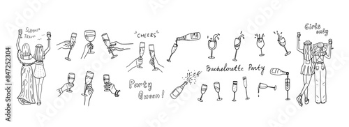 Set of hands with champagne glasses, wine glasses, champagne bottles and glasses. Cheers. Alcoholic drinks. Great for bar menu, holiday, wedding, celebration. Girlfriends. Bachelorette party. Doodle