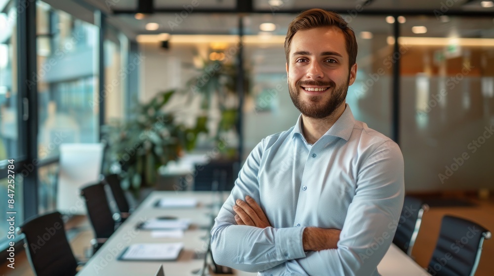 Portrait of a cheerful businessman with folded arms standing in a conference room. Happy young businessman in shirt looking Portrait of a cheerful businessman with folded arms standing in a conference room. Happy young businessman in shirt looking