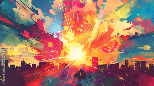 a vibrant and colorful illustration inspired by comic book art. It features an explosion of bright colors radiating from a central point photo
