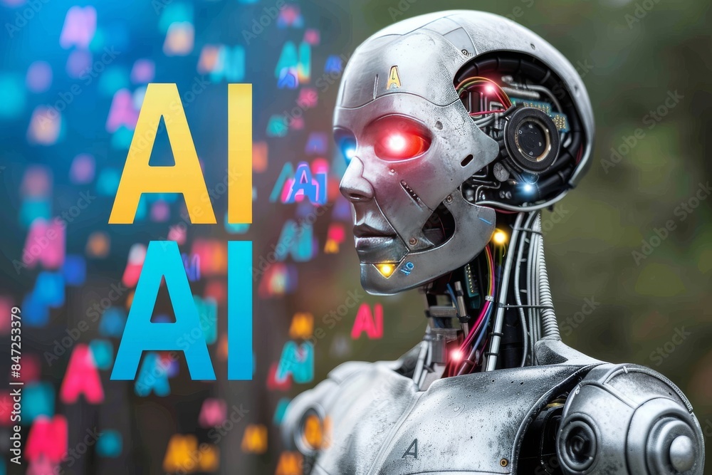 Fototapeta premium AI Developer Working on Laptop with Digital Interface and Holographic Data in Modern Office